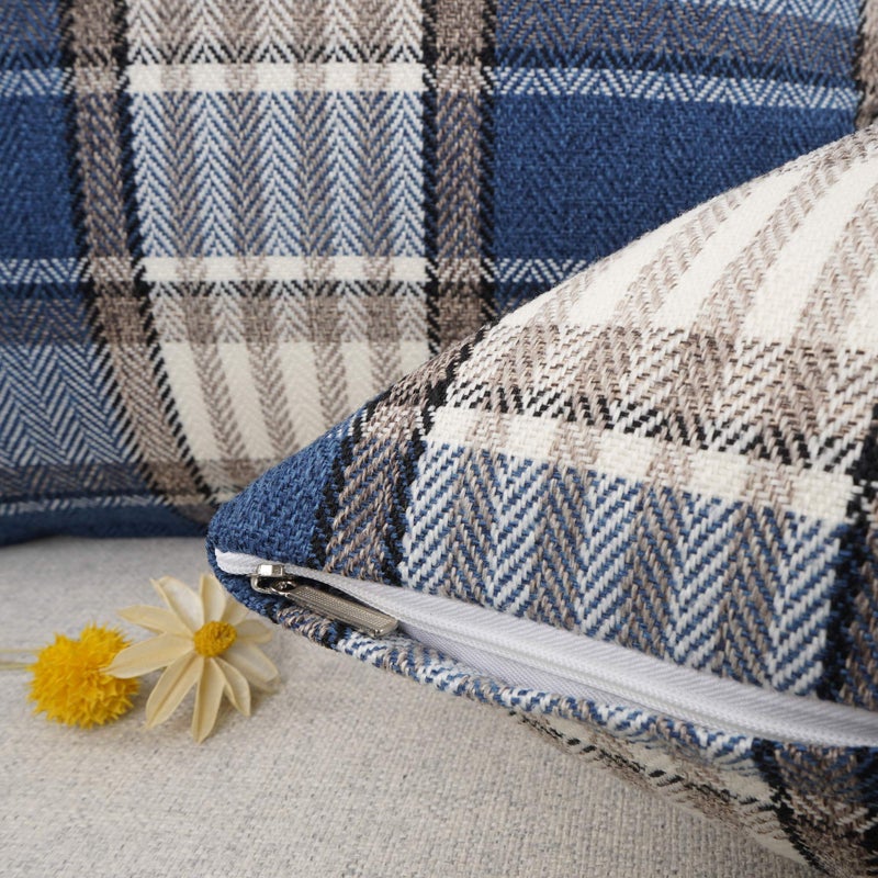 YOUR SMILE Set of 2 Retro Farmhouse Outdoor/Indoor Buffalo Tartan Chequer Stripe Plaid Cotton Linen Decorative Throw Pillow Case Cushion Cover Pillowcase for Sofa Chair,Navy Blue, 22x22 inch - Image 5